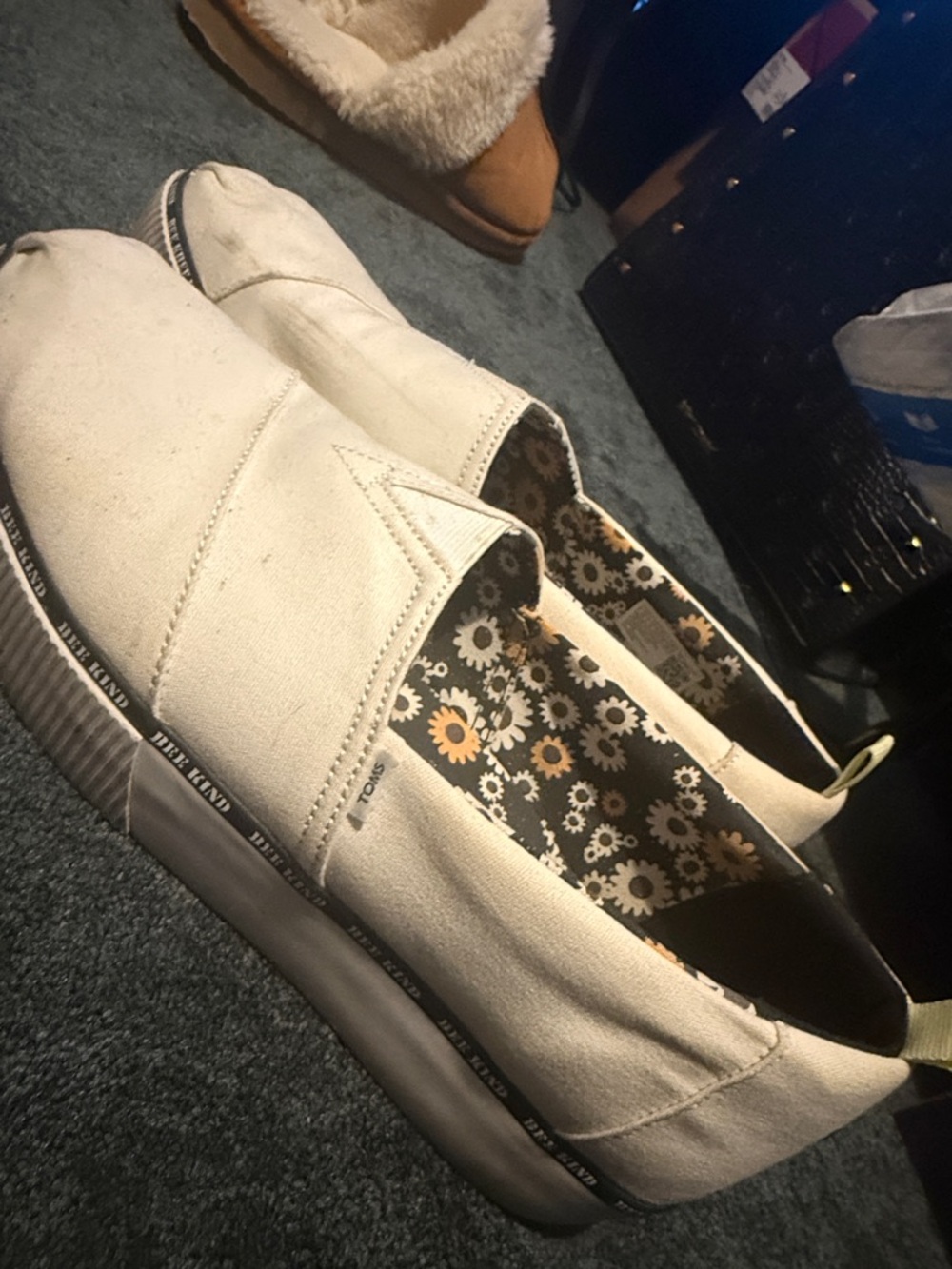 TOMS White Canvas Slip-On Shoes with Yellow Pull Tabs